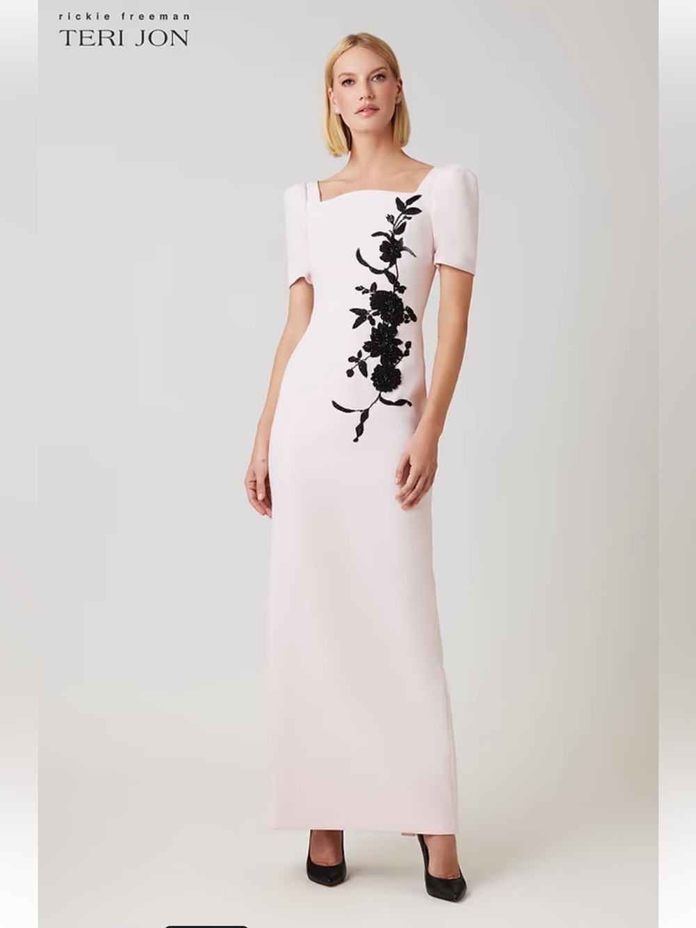 Teri Jon by Rickie Freeman Stretch Crepe Maxi Dress Floral Appliqué Column Gown